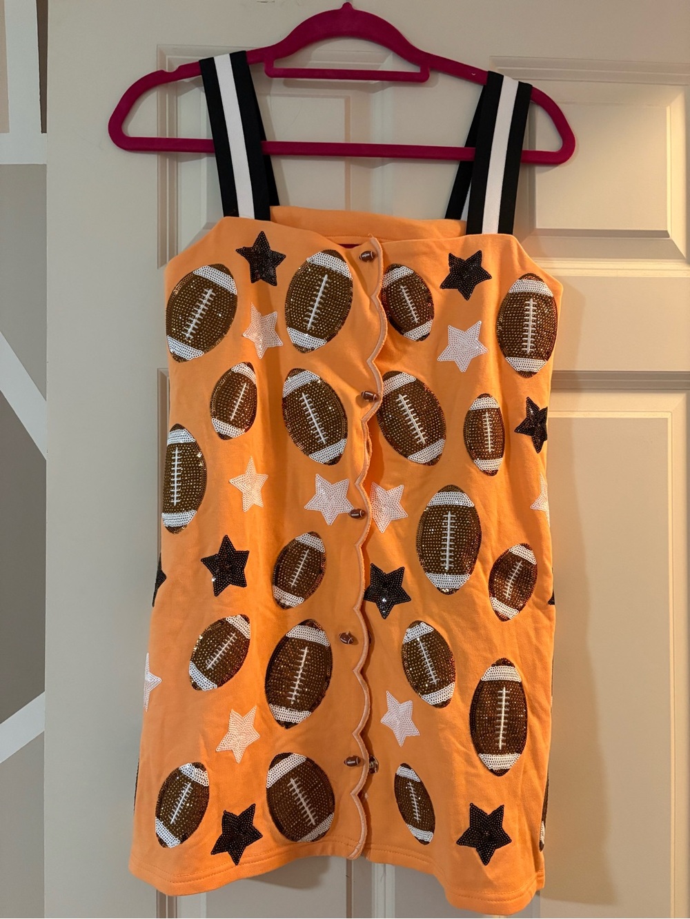 Queen Of Sparkles - Orange Football Sequin Tank Dress with Striped Straps